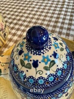 Polish Pottery teapot with warmer, blue pattern