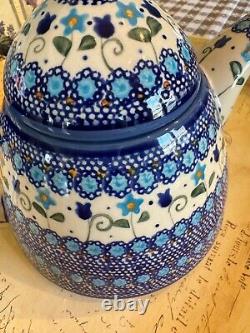 Polish Pottery teapot with warmer, blue pattern