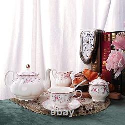 Porcelain Tea Set, Tea Cup and Saucer Set, Service for 6, Wedding Teapot Pink