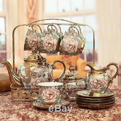 Porcelain Tea Set Teapot Sugar Bowl Creamer Cups & Saucers Metal Bracket 15pcs