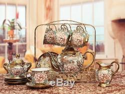Porcelain Tea Set Teapot Sugar Bowl Creamer Cups & Saucers Metal Bracket 15pcs