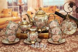 Porcelain Tea Set Teapot Sugar Bowl Creamer Cups & Saucers Metal Bracket 15pcs