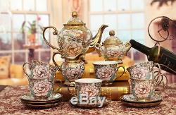 Porcelain Tea Set Teapot Sugar Bowl Creamer Cups & Saucers Metal Bracket 15pcs