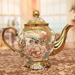 Porcelain Tea Set Teapot Sugar Bowl Creamer Cups & Saucers Metal Bracket 15pcs