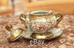 Porcelain Tea Set Teapot Sugar Bowl Creamer Cups & Saucers Metal Bracket 15pcs