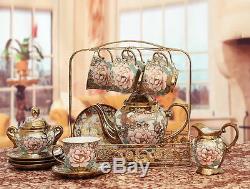 Porcelain Tea Set Teapot Sugar Bowl Creamer Cups & Saucers Metal Holder 15 Pcs