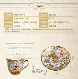 Porcelain Tea Set Teapot Sugar Bowl Creamer Cups & Saucers Metal Holder 18 Pcs