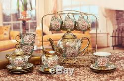Porcelain Tea Set Teapot Sugar Bowl Creamer Cups and Saucers Metal Holder 15 pcs