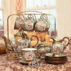 Porcelain Tea Set Teapot Sugar Bowl Creamer Cups and Saucers Metal Holder 15 pcs