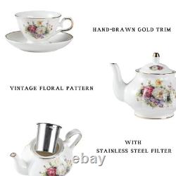 Porcelain Tea Sets, Vintage British Floral Relief Gold Rimmed Teapot Cup and