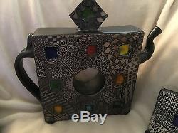 Pottery Teapot Set 4 Mugs Signed Ben Behunin Modern Teapot Mosaic Stain Glass