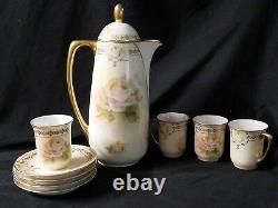 Prussia Royal Ruddlstadt White Rose Chocolate pot Tea set 4 cups and saucers