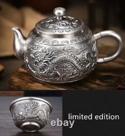 Pure silver tea set handmade dragon pheonix embossed tea pot matching tea cups