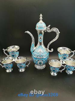 R85 Exquisite Chinese Tibetan silver Cloisonne Teapot Handwork Wine Jug Set