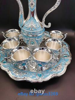 R85 Exquisite Chinese Tibetan silver Cloisonne Teapot Handwork Wine Jug Set