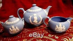 RARE 1953 WEDGWOOD JASPERWARE QUEEN ELIZABETH II TEAPOT, CREAMER & SUGAR BOWL