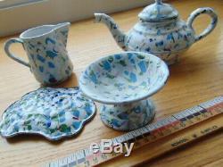 RARE Antique graniteware child's tea set- end of day, 4 c/s, creamer, teapot ++