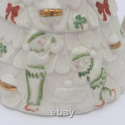 RARE Belleek Ireland Christmas Tree Tea Pot Elves, Shamrocks, Bows withGold