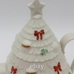 RARE Belleek Ireland Christmas Tree Tea Pot Elves, Shamrocks, Bows withGold