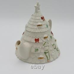 RARE Belleek Ireland Christmas Tree Tea Pot Elves, Shamrocks, Bows withGold