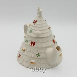 RARE Belleek Ireland Christmas Tree Tea Pot Elves, Shamrocks, Bows withGold