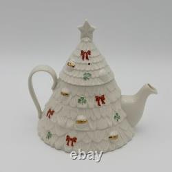 RARE Belleek Ireland Christmas Tree Tea Pot Elves, Shamrocks, Bows withGold