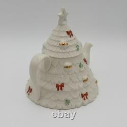 RARE Belleek Ireland Christmas Tree Tea Pot Elves, Shamrocks, Bows withGold