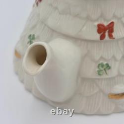 RARE Belleek Ireland Christmas Tree Tea Pot Elves, Shamrocks, Bows withGold