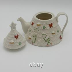RARE Belleek Ireland Christmas Tree Tea Pot Elves, Shamrocks, Bows withGold
