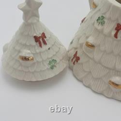 RARE Belleek Ireland Christmas Tree Tea Pot Elves, Shamrocks, Bows withGold