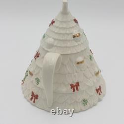 RARE Belleek Ireland Christmas Tree Tea Pot Elves, Shamrocks, Bows withGold