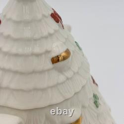 RARE Belleek Ireland Christmas Tree Tea Pot Elves, Shamrocks, Bows withGold