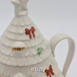 RARE Belleek Ireland Christmas Tree Tea Pot Elves, Shamrocks, Bows withGold