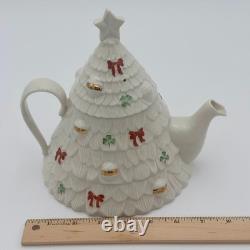 RARE Belleek Ireland Christmas Tree Tea Pot Elves, Shamrocks, Bows withGold