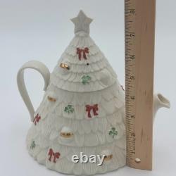 RARE Belleek Ireland Christmas Tree Tea Pot Elves, Shamrocks, Bows withGold