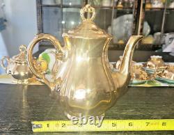 RARE Gold Glazed Tea Pot by Barenter-5 teacup/saucer place setting-sugar/Creamer