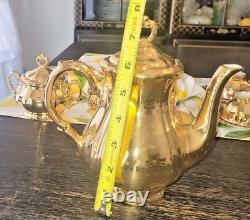 RARE Gold Glazed Tea Pot by Barenter-5 teacup/saucer place setting-sugar/Creamer
