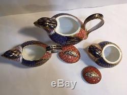 RARE Royal Crown Derby Pheasant Bird Tea Set Lidded Teapot Creamer Sugar Bowl