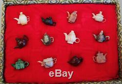 RARE Set Of Twelve Vintage Chinese Miniature Hand Carved Hardstone Teapots Jade