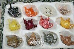 RARE VINTAGE MINIATURE Tested Stone TEAPOT SET of 12, Etched w Chinese Character