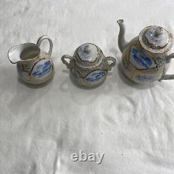 RARE teapot set with sugar bowl and creamer Look At Markings Gold Trim Blue