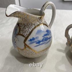 RARE teapot set with sugar bowl and creamer Look At Markings Gold Trim Blue