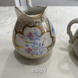 RARE teapot set with sugar bowl and creamer Look At Markings Gold Trim Blue