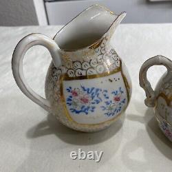 RARE teapot set with sugar bowl and creamer Look At Markings Gold Trim Blue