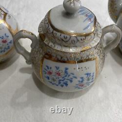 RARE teapot set with sugar bowl and creamer Look At Markings Gold Trim Blue