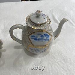 RARE teapot set with sugar bowl and creamer Look At Markings Gold Trim Blue