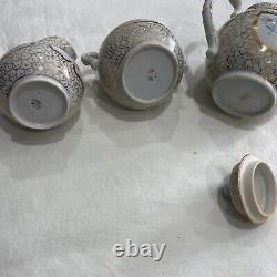 RARE teapot set with sugar bowl and creamer Look At Markings Gold Trim Blue