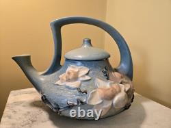 ROSEVILLE blue MAGNOLIA TEA SET tea pot with lid, creamer, open sugar pottery