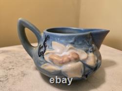 ROSEVILLE blue MAGNOLIA TEA SET tea pot with lid, creamer, open sugar pottery