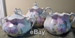 RS Prussia Tea Set OM 13 Teapot Pitcher Sugar Bowl 3 Pieces Lavender Lilacs Demi